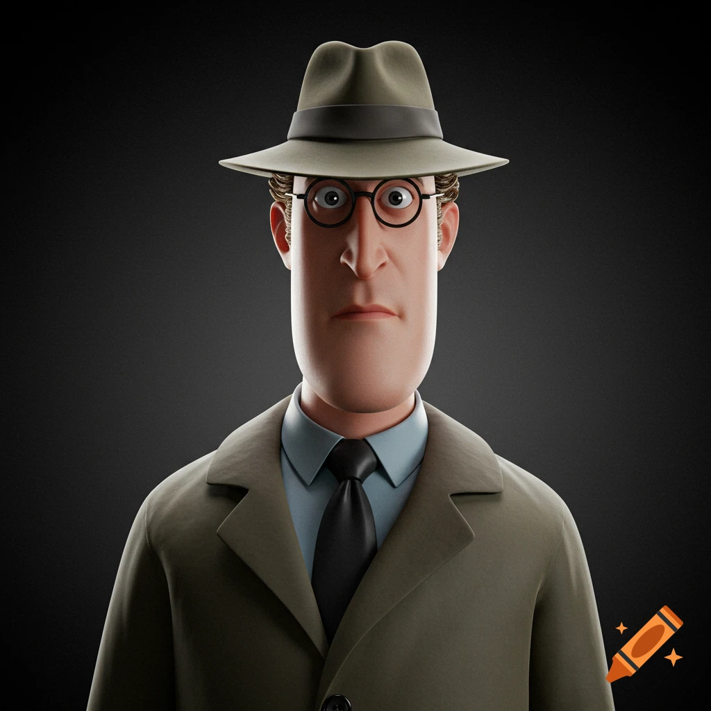 A stylized 3D render of a cartoon man in a fedora, glasses, tie, and trench coat, resembling Inspector Gadget.