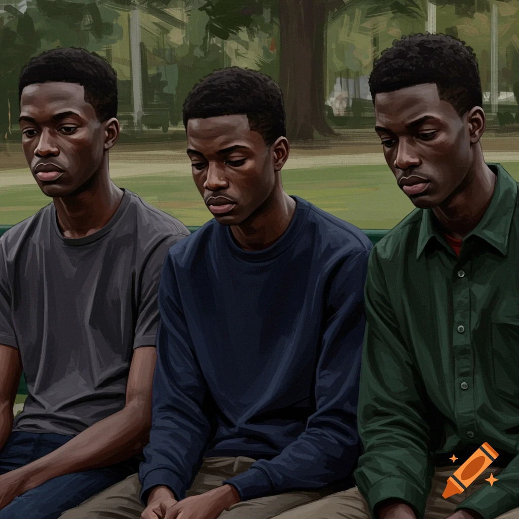 Three young Black men sit on a park bench looking sad, in an illustrative style.