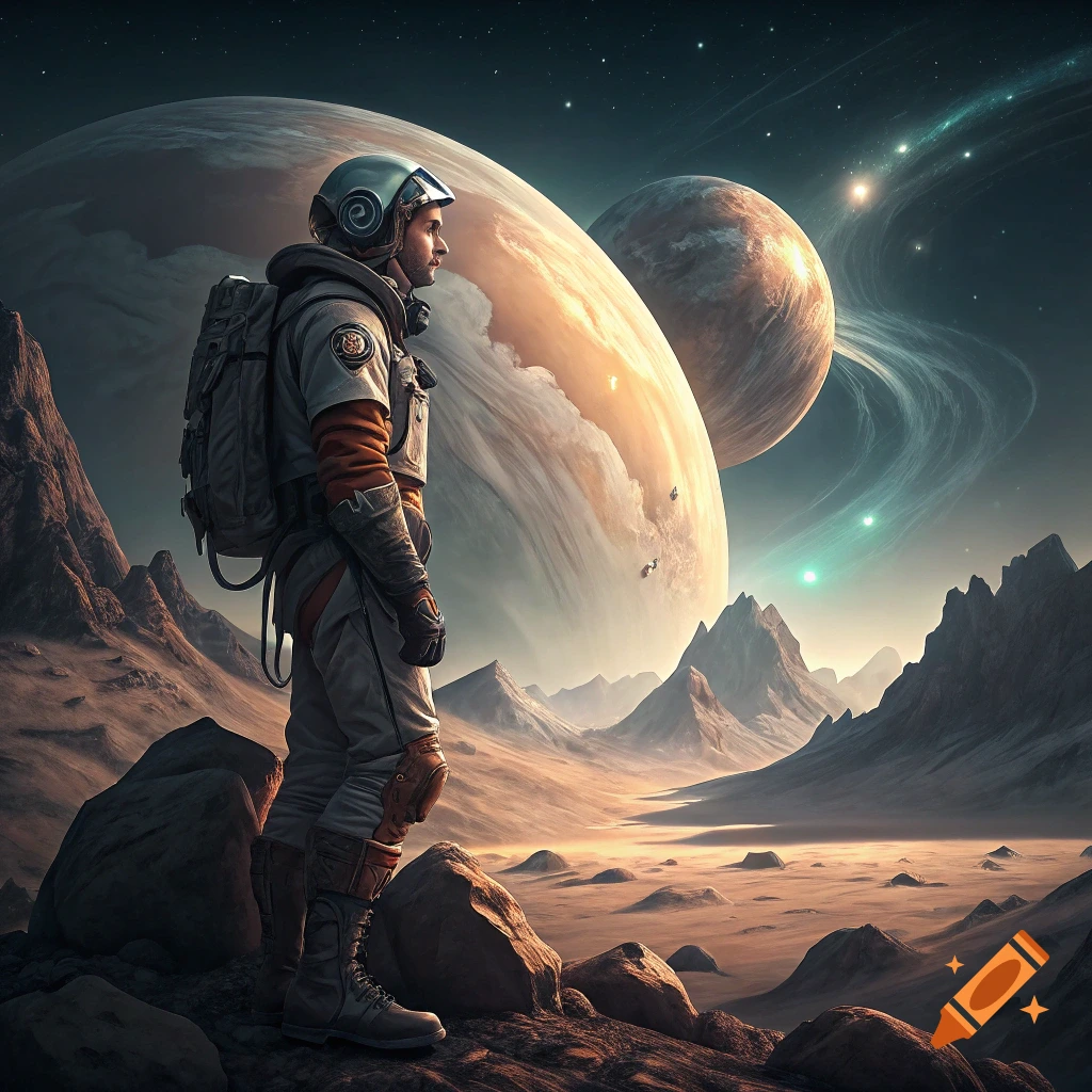 Astronaut on a rocky alien planet looks at large planets and stars in the sky.