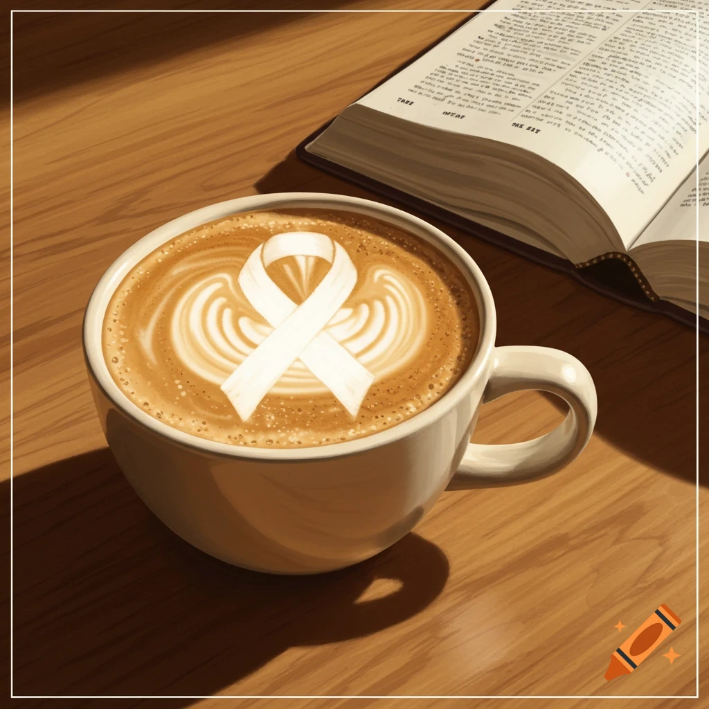 A cup of coffee with a white awareness ribbon in the foam next to an open book on a wooden table.