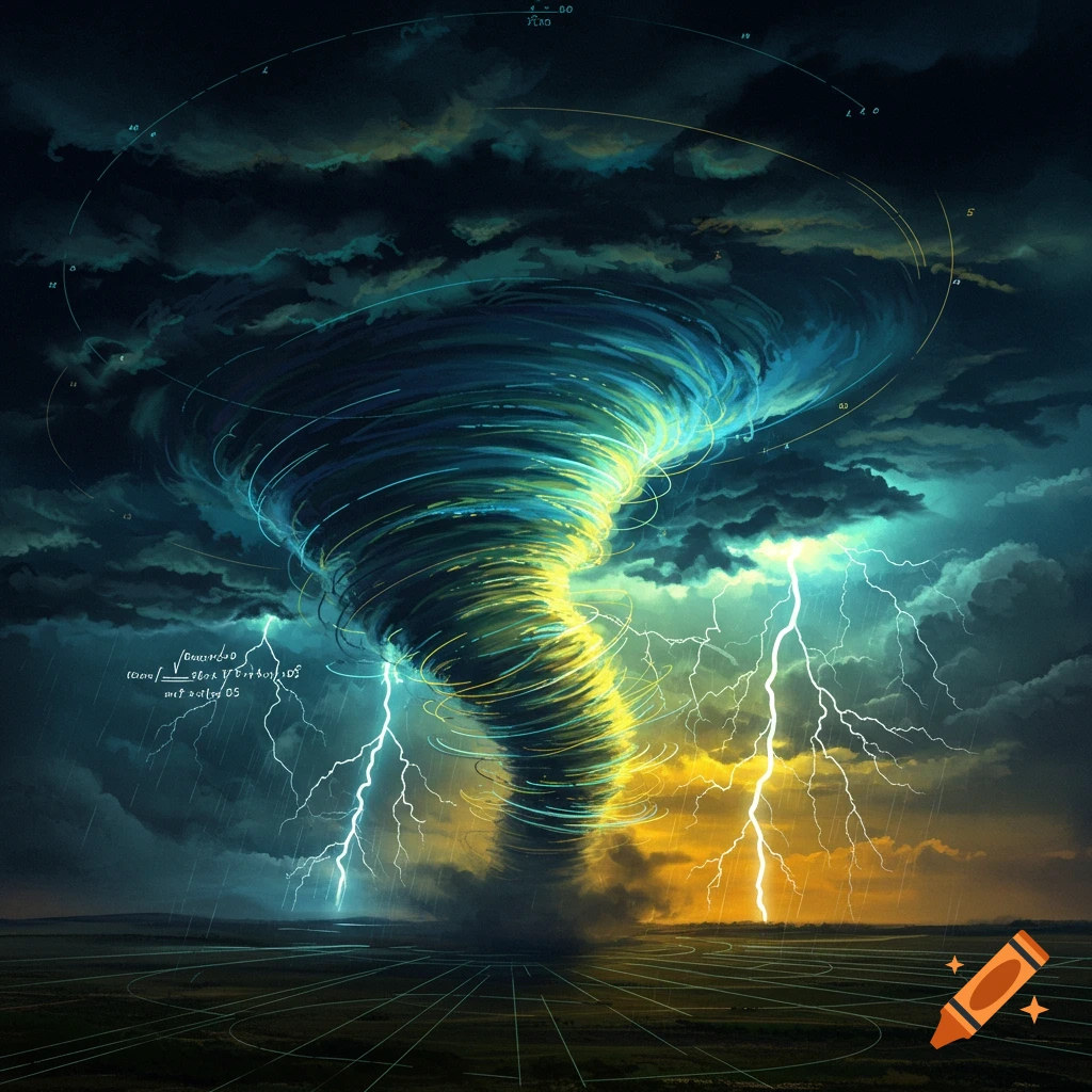 Dramatic storm with large tornado, lightning, and diagrammatic elements.