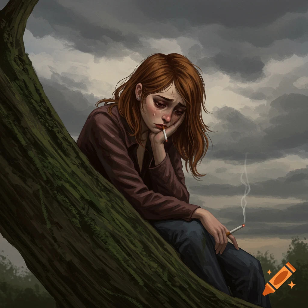Illustration of a sad woman with red hair crying and smoking while sitting on a tree branch against a cloudy sky.