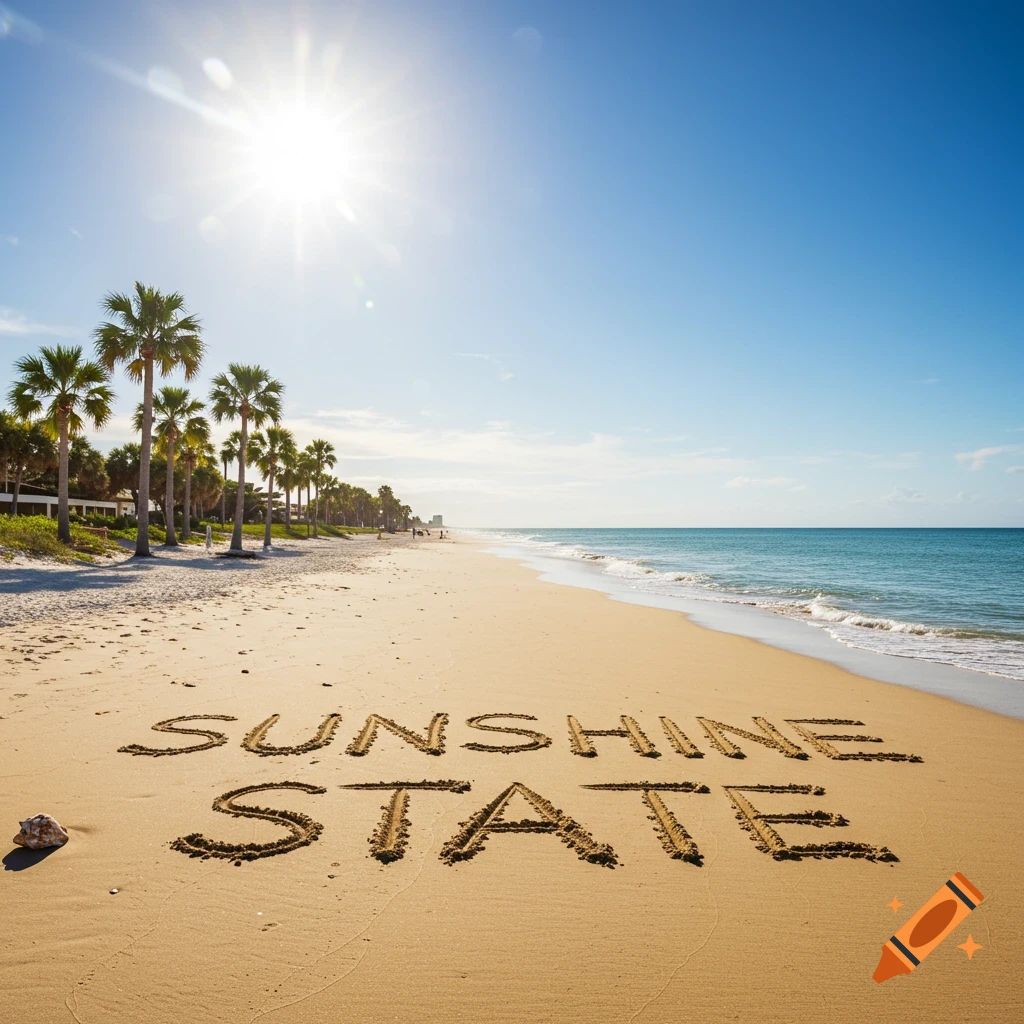 Sunshine State written in the sand on a sunny beach with palm trees and ocean.