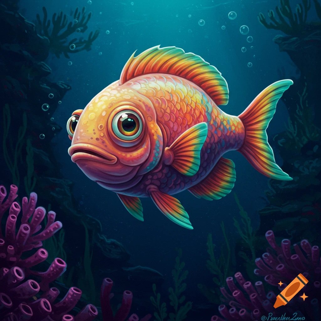 Colorful cartoon fish swimming underwater near purple coral.
