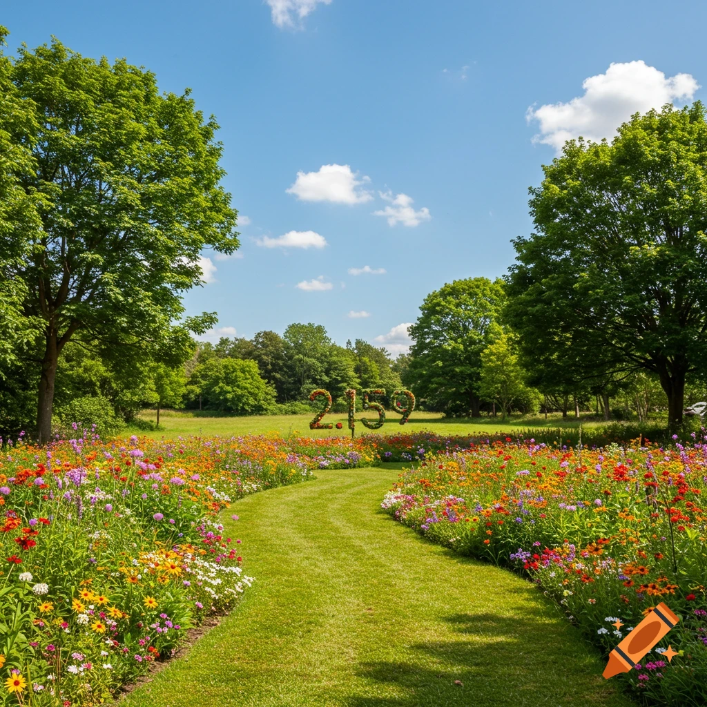 A garden path winding through colorful flowers towards large floral numbers in a sunny field.