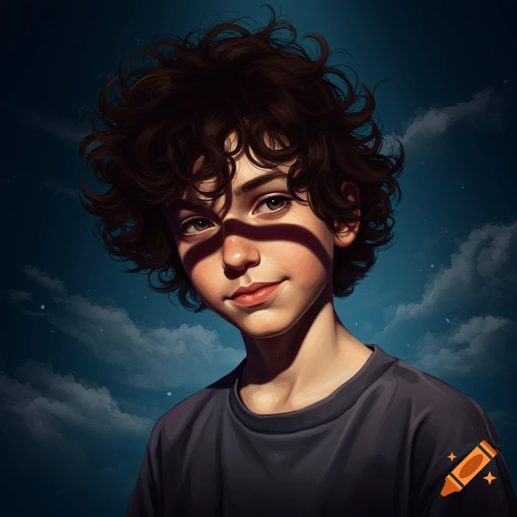 A portrait of a young person with curly hair and freckles, lit by dramatic shadows against a dark sky with clouds.