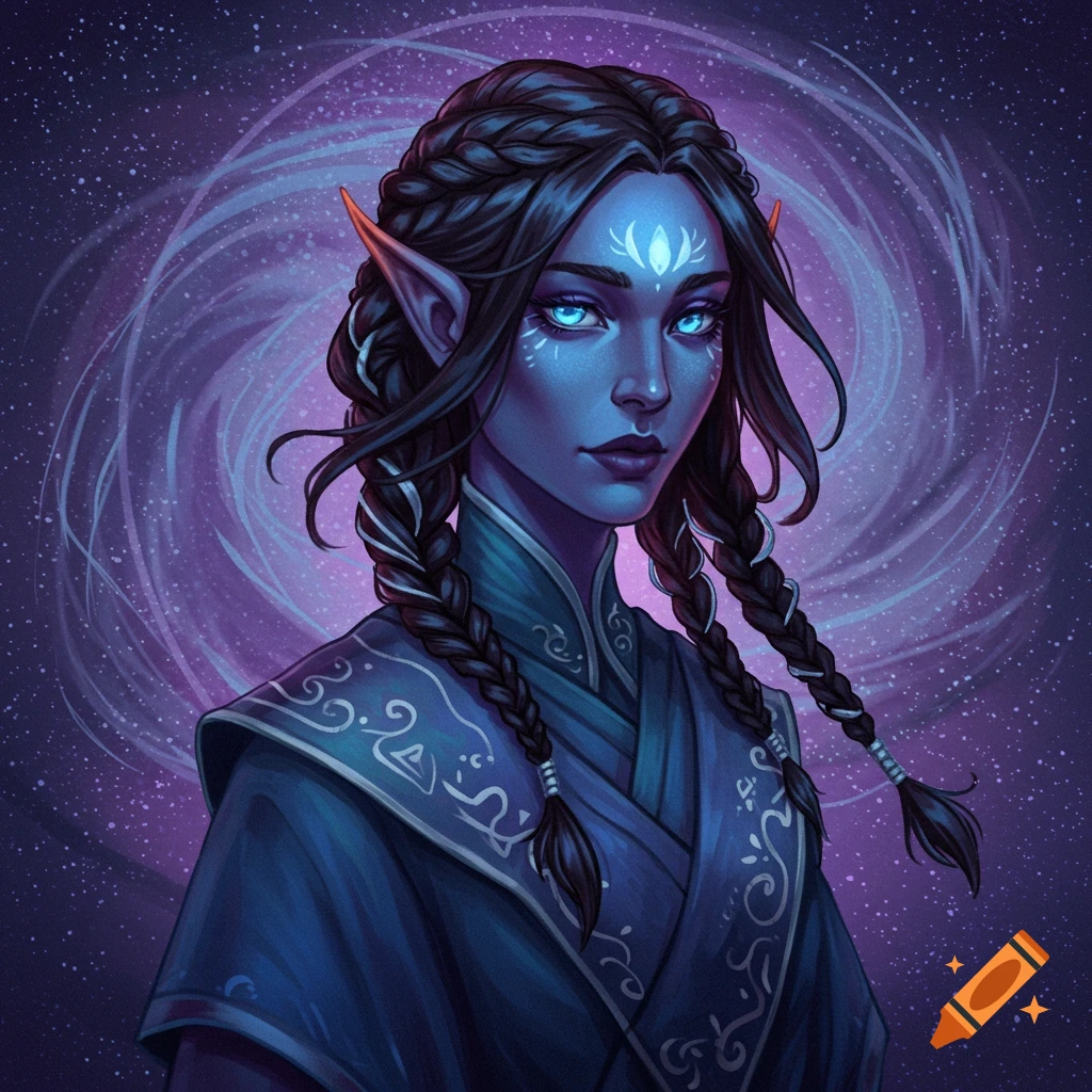 Portrait of a fantasy character with blue skin, pointy ears, braids, glowing blue eyes, and white face markings wearing a blue robe, against a purple swirling galaxy background.