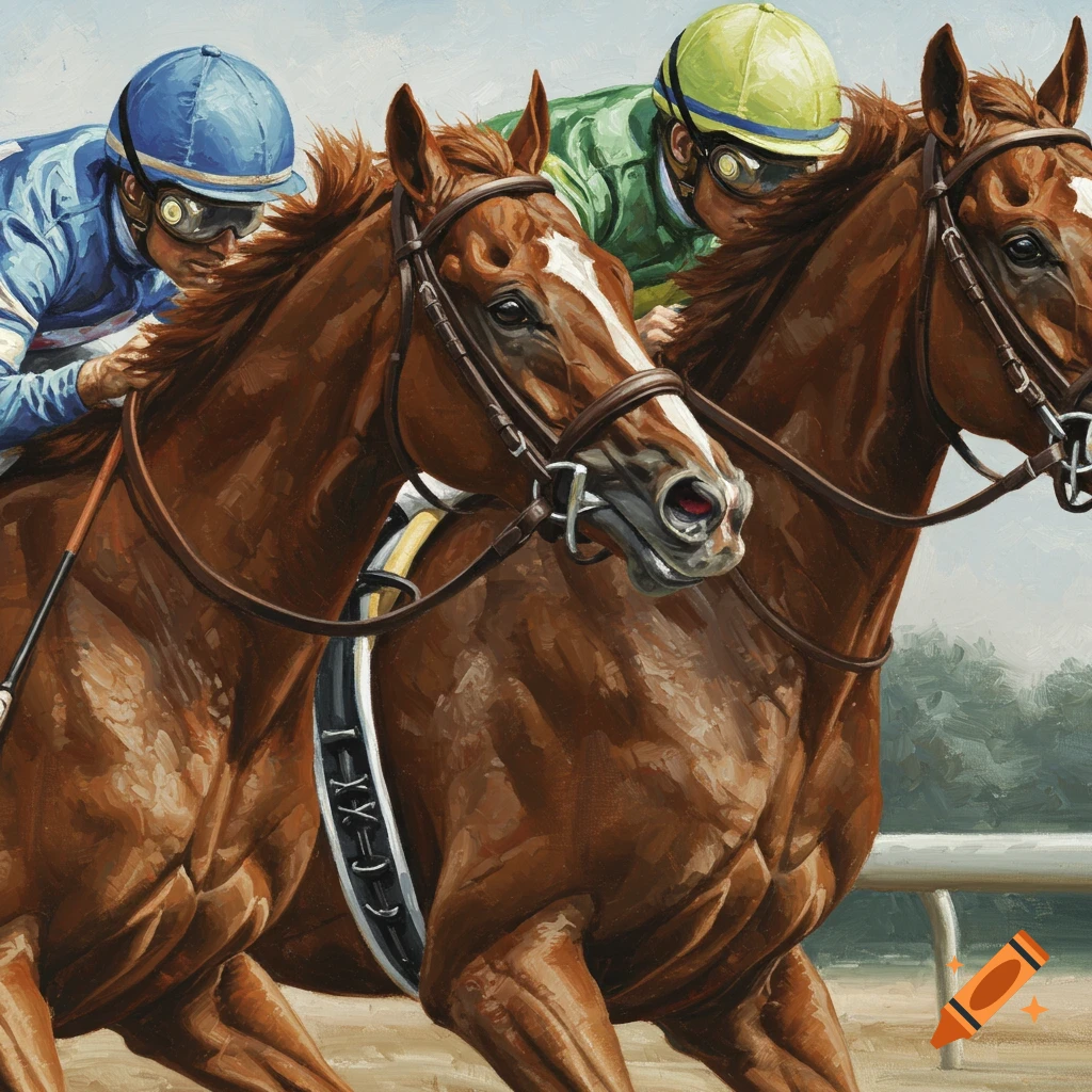 Close-up oil painting of two horses and jockeys racing.