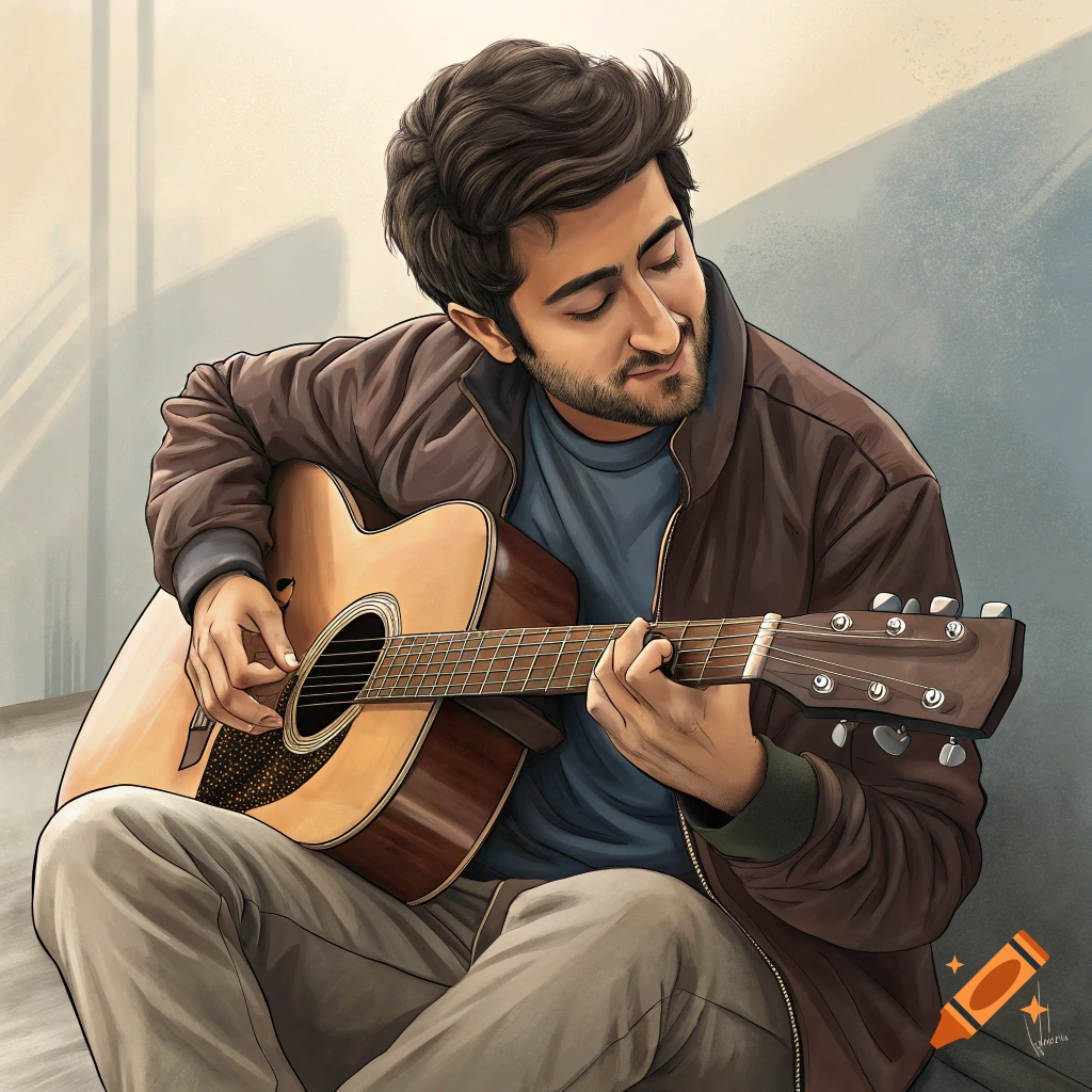Stylized illustration of a man sitting and playing an acoustic guitar.