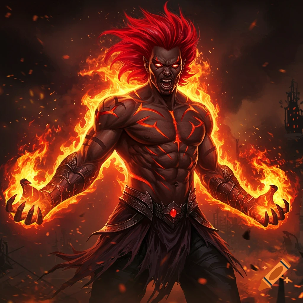 A dark-skinned man with red fiery hair and glowing eyes stands engulfed in flames, casting fire from his hands.