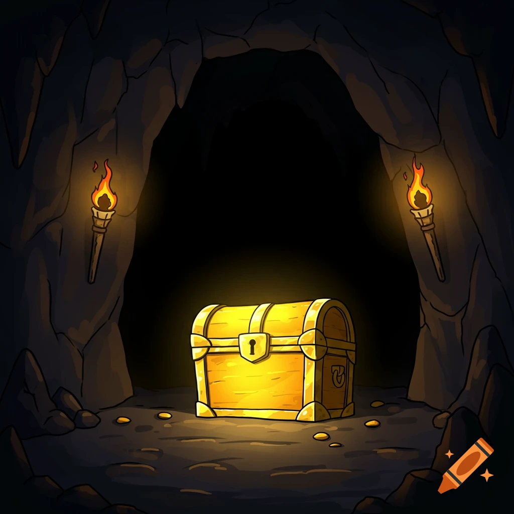 Cartoon treasure chest in a dark cave lit by two torches