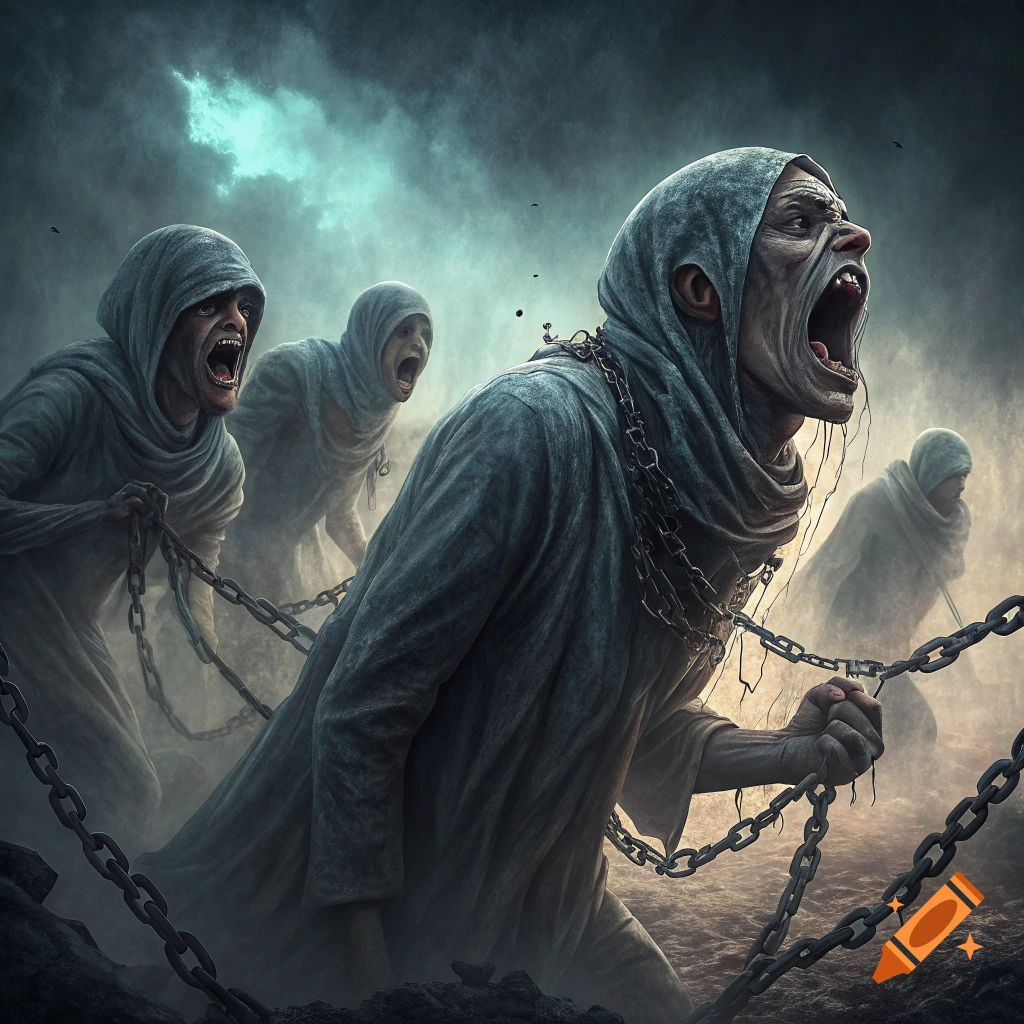 Several hooded figures in chains screaming in a dark, misty realm. Dark fantasy art.