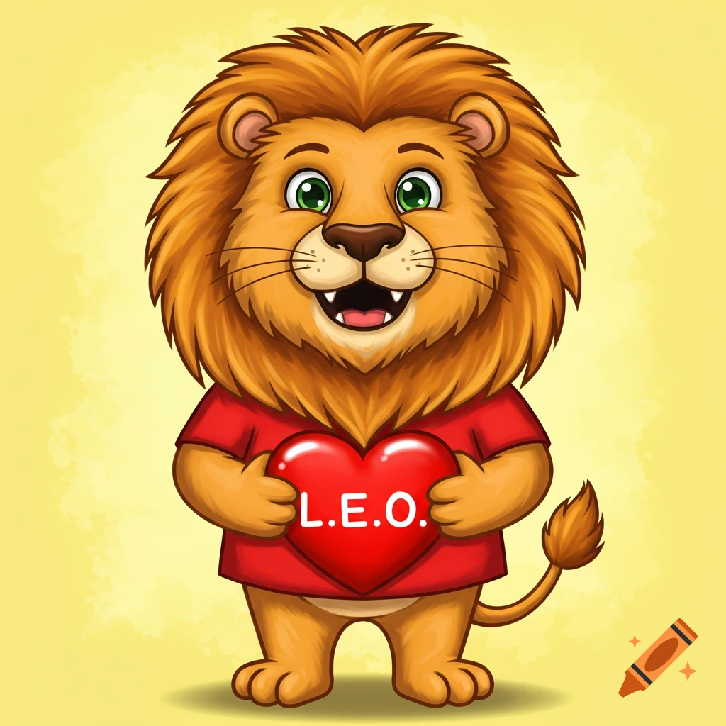 Cartoon illustration of a smiling lion wearing a red shirt and holding a heart with L.E.O. on it.