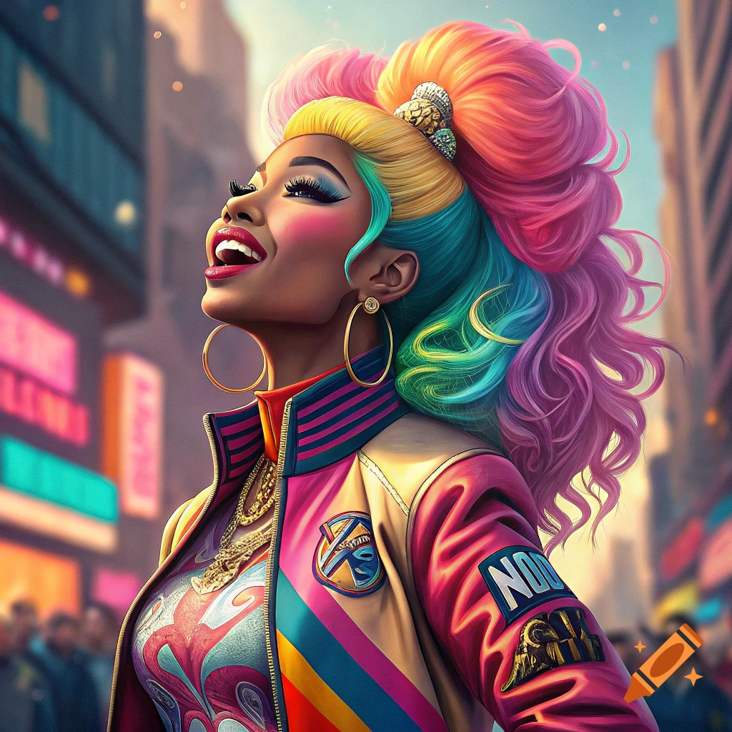 A woman with vibrant rainbow hair and a pink bomber jacket stands in a city looking up.