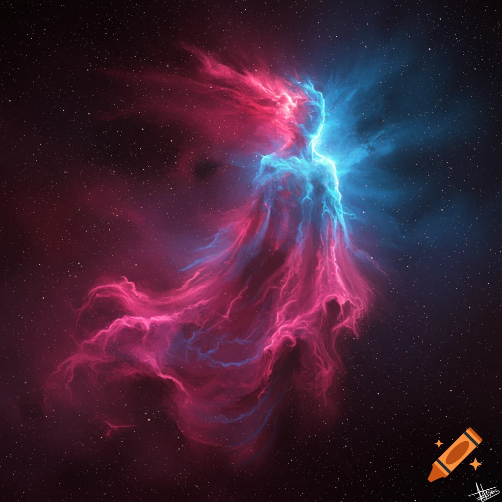 Abstract figure made of pink and blue nebula gas in space.