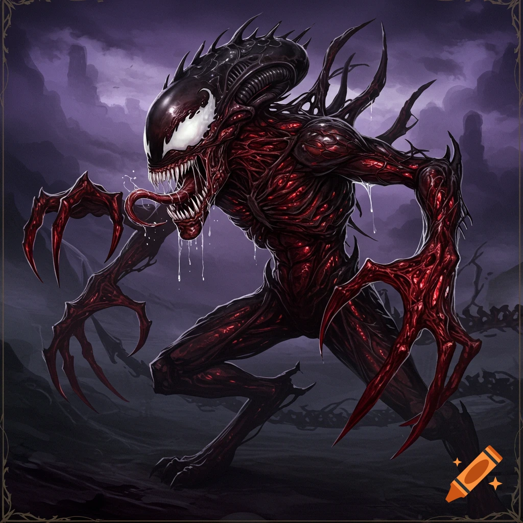 A monstrous creature, a red and black hybrid of a Xenomorph and Carnage, with sharp claws and dripping tongue.