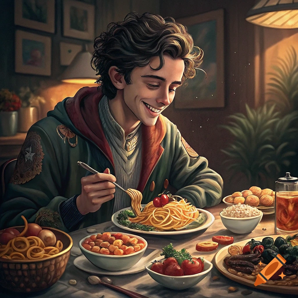 Illustration of a young man smiling while eating pasta at a table with various dishes.