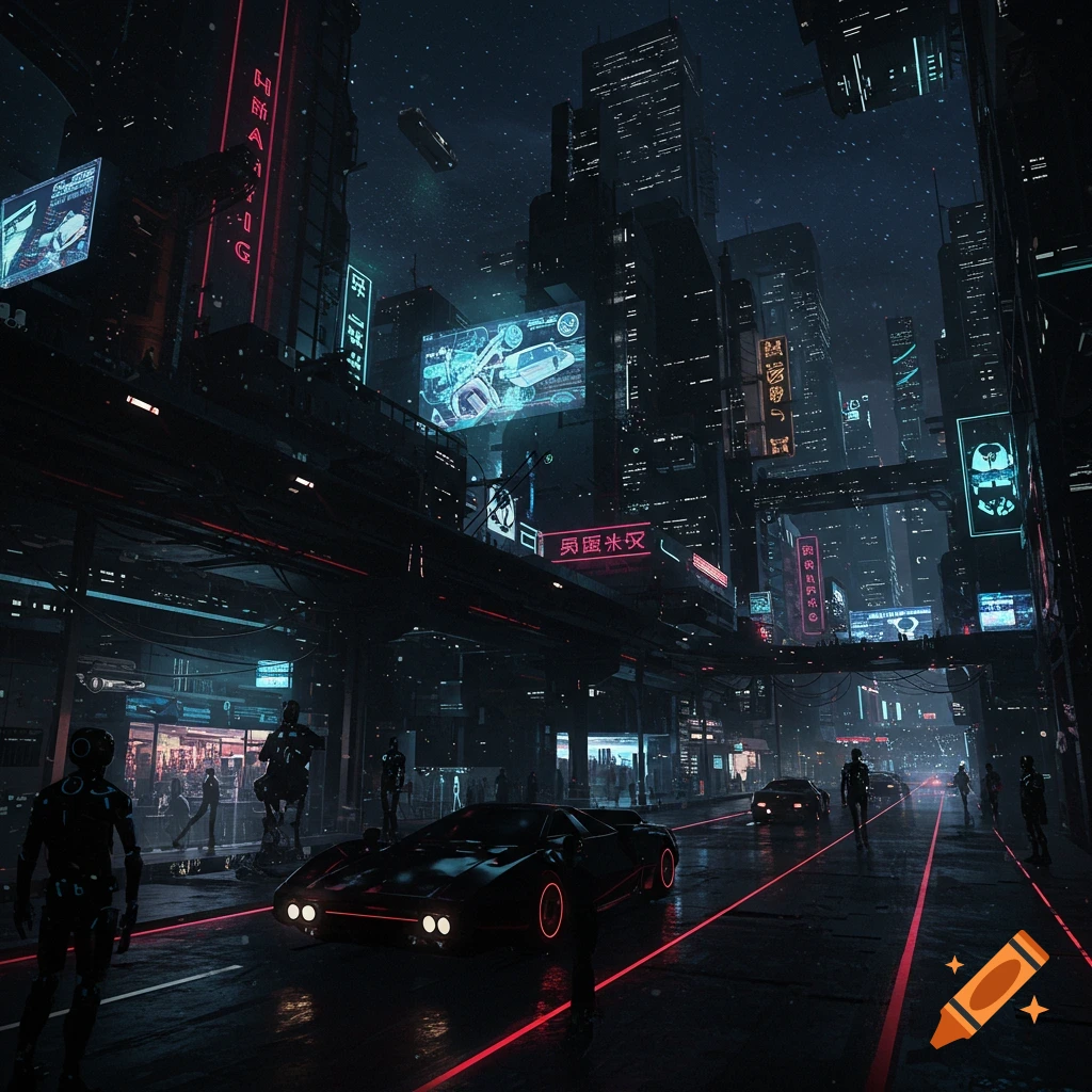 Dark, futuristic city street at night with neon signs, cars, and figures.