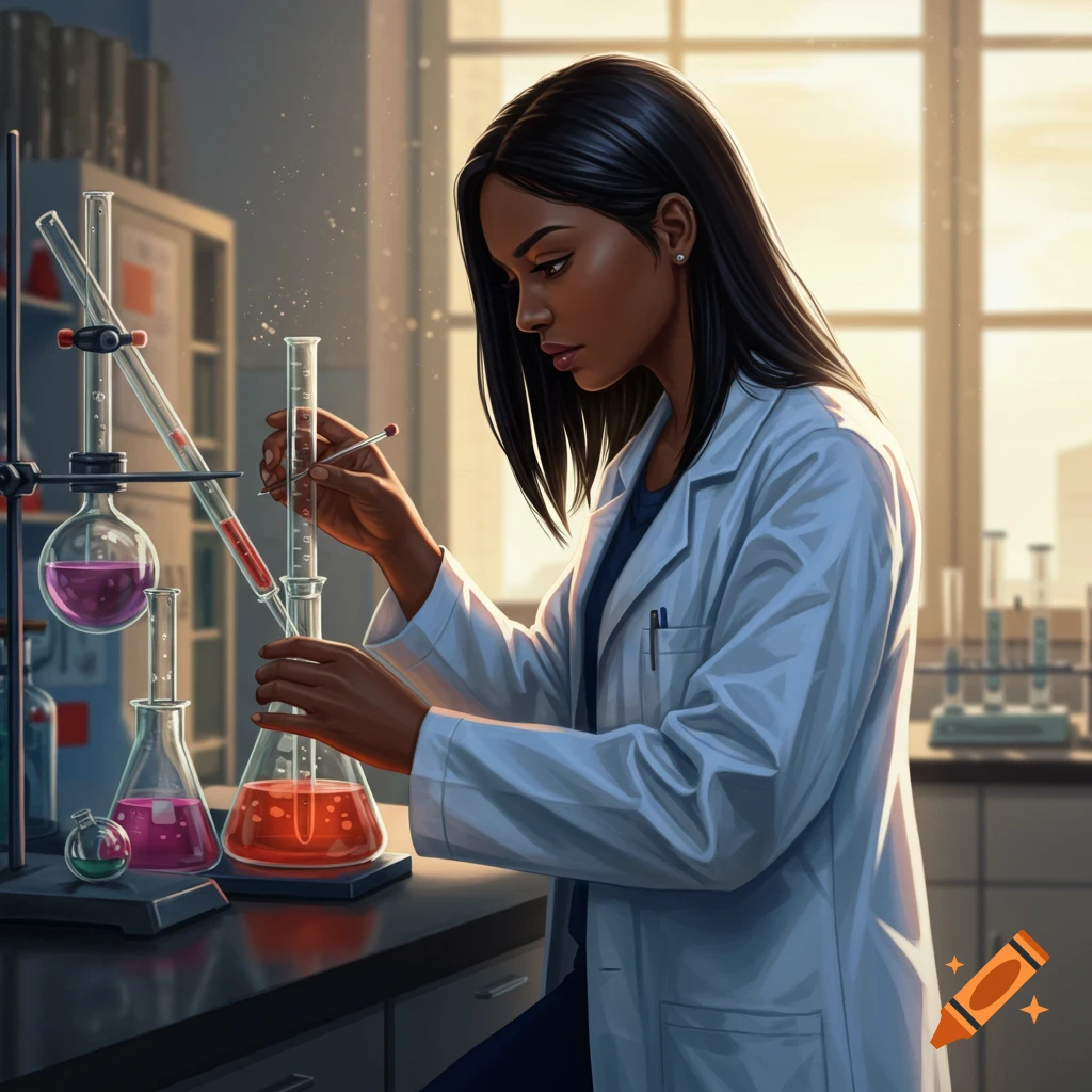 Woman in lab coat working with beakers and test tubes in a science laboratory