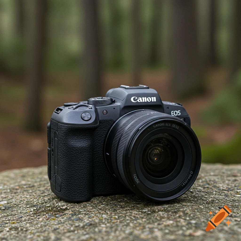 A black camera with a lens sits on a rock in a forest.