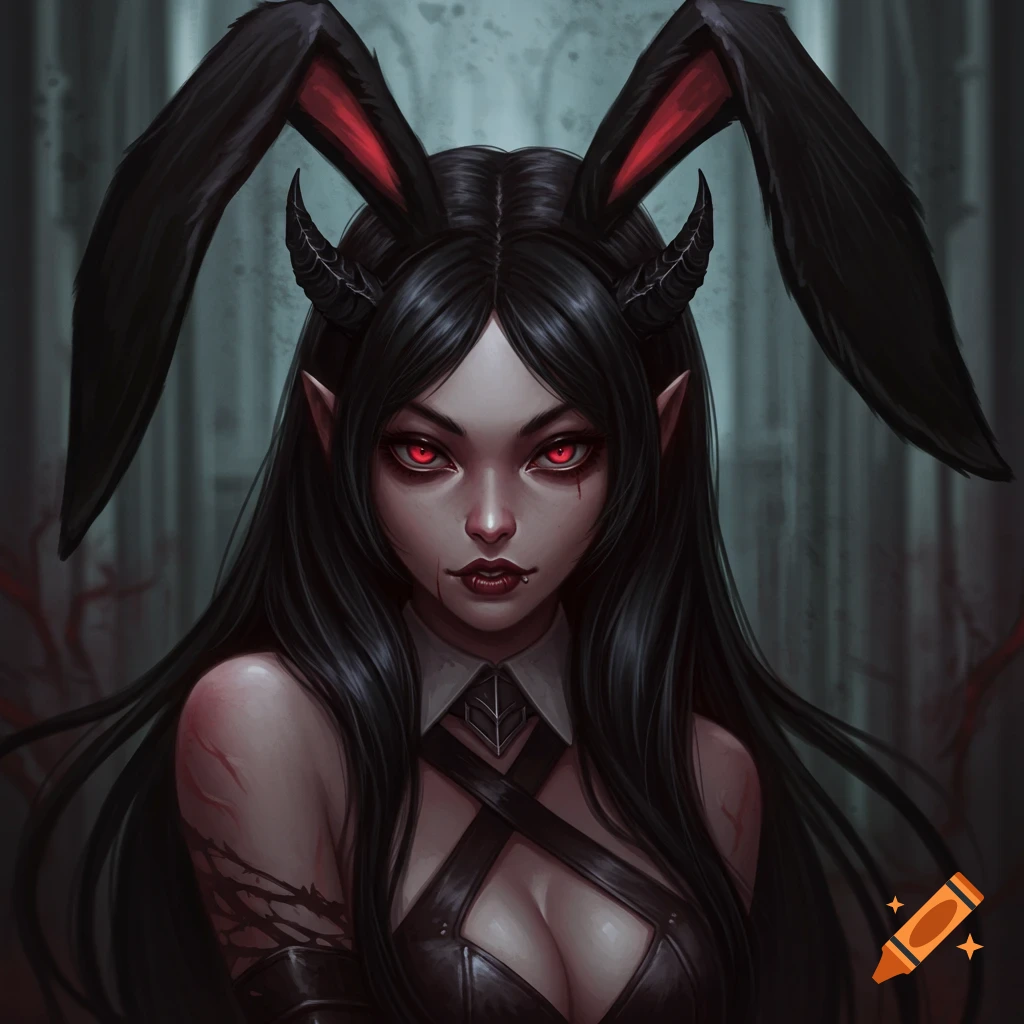 A dark fantasy portrait of a woman with black bunny ears, horns, red eyes, and dark clothing.
