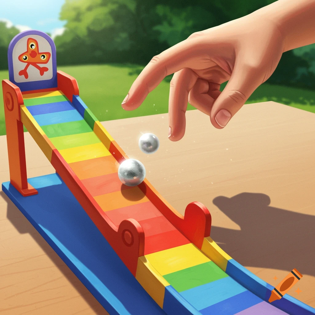A hand pushes a marble up a colorful rainbow toy ramp.
