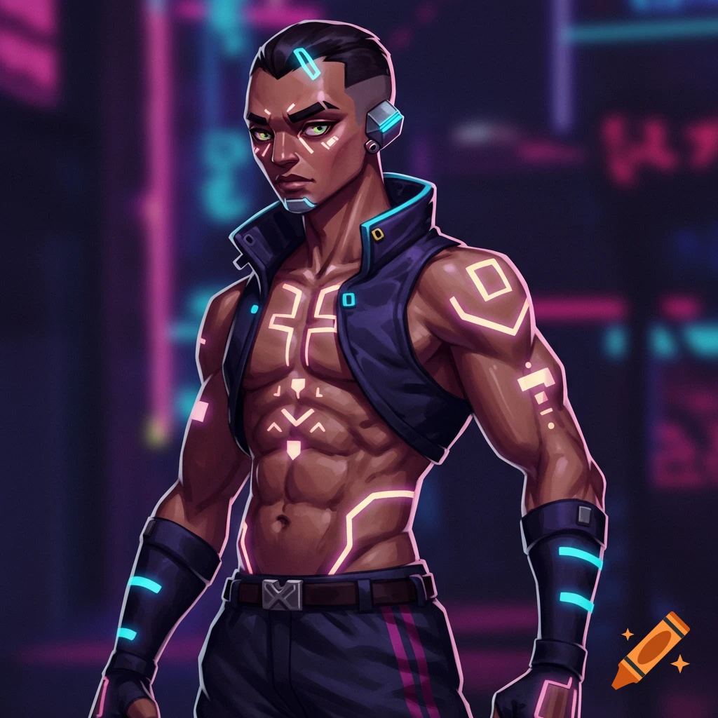 Stylized digital art of a muscular man with glowing futuristic markings in a neon city.