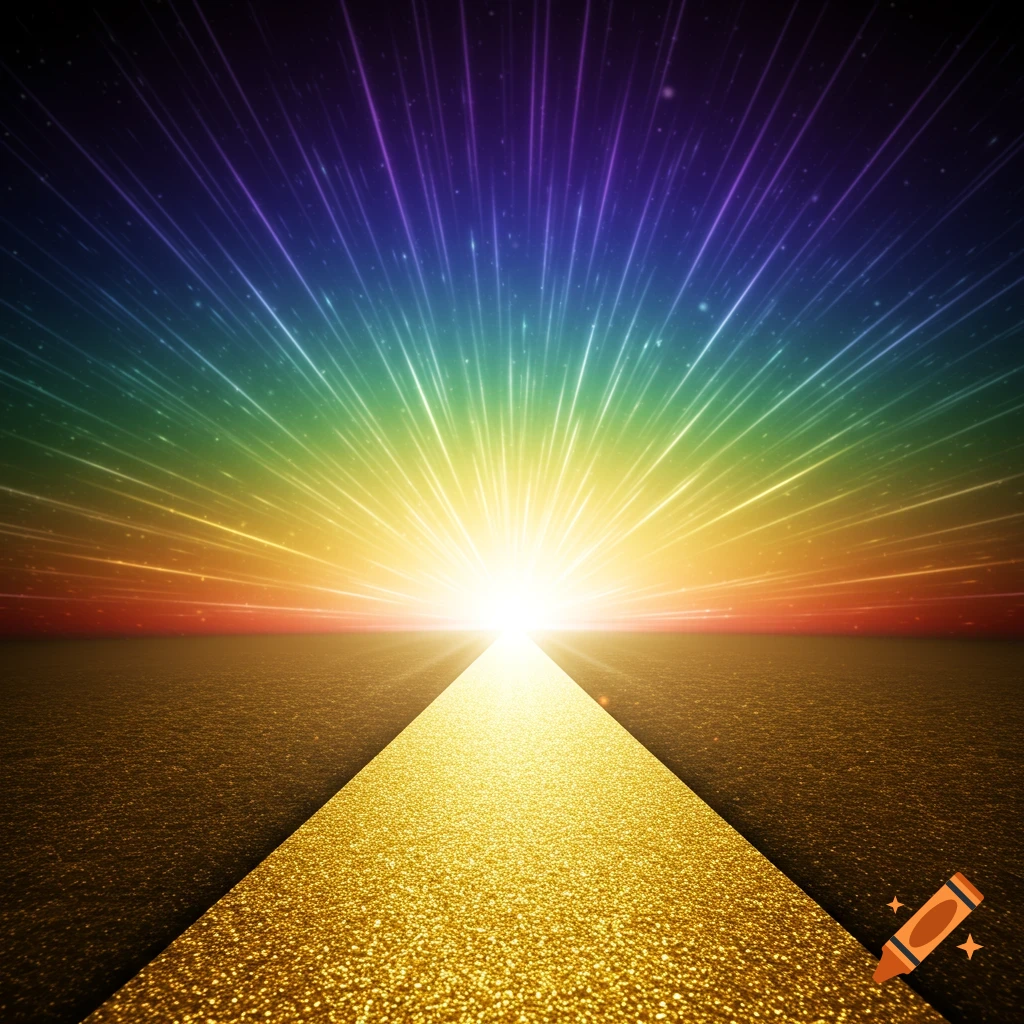 A radiant golden path leads towards a bright light under a sky bursting with rainbow colors in digital art style.