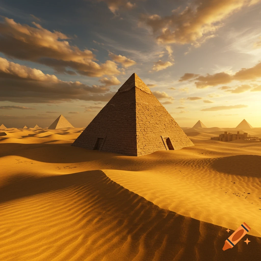 Hyper-realistic image of ancient pyramids in a golden desert at sunset.