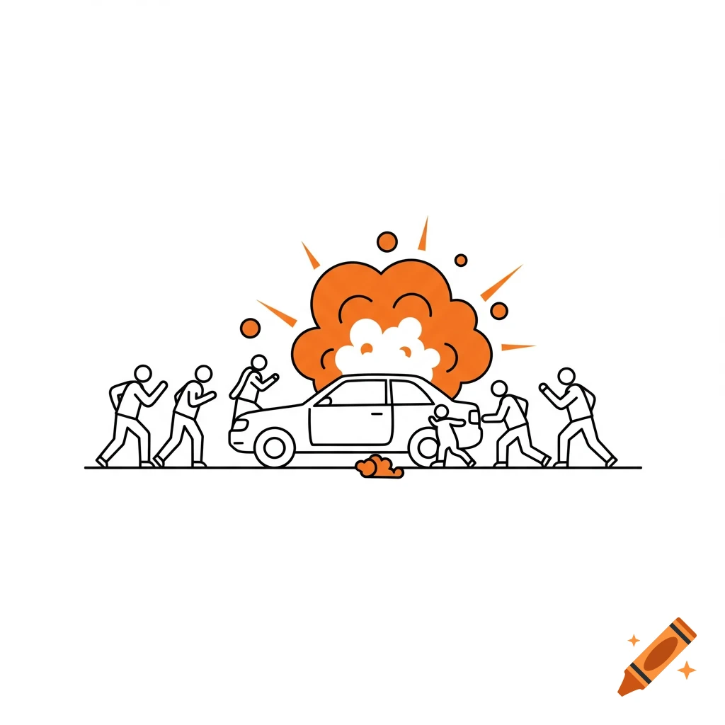 Minimalist line art illustration of people running from a car with an explosion behind it.