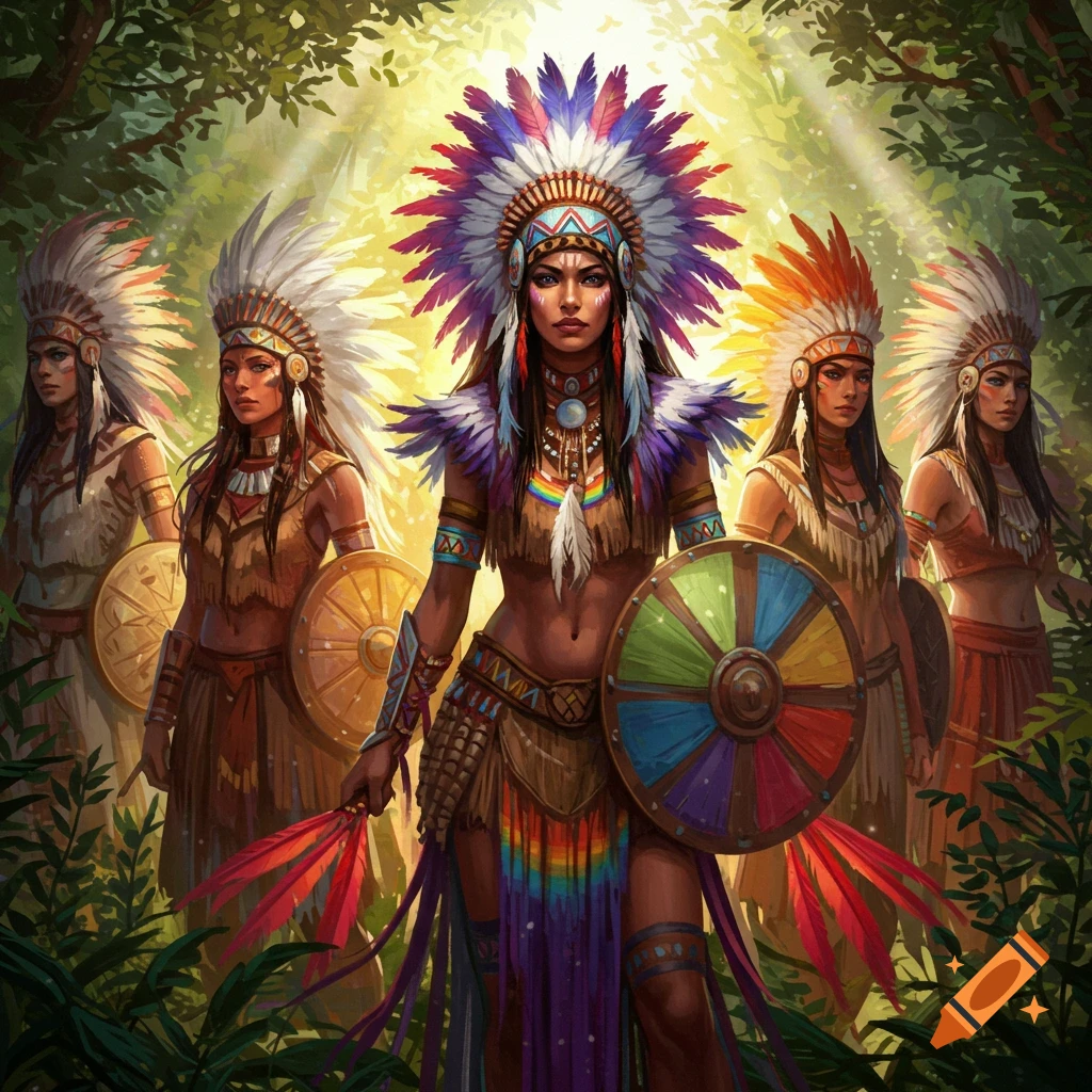 Five women in tribal attire with feathered headdresses stand in a sunlit forest. One in the center holds a shield with a rainbow pattern.
