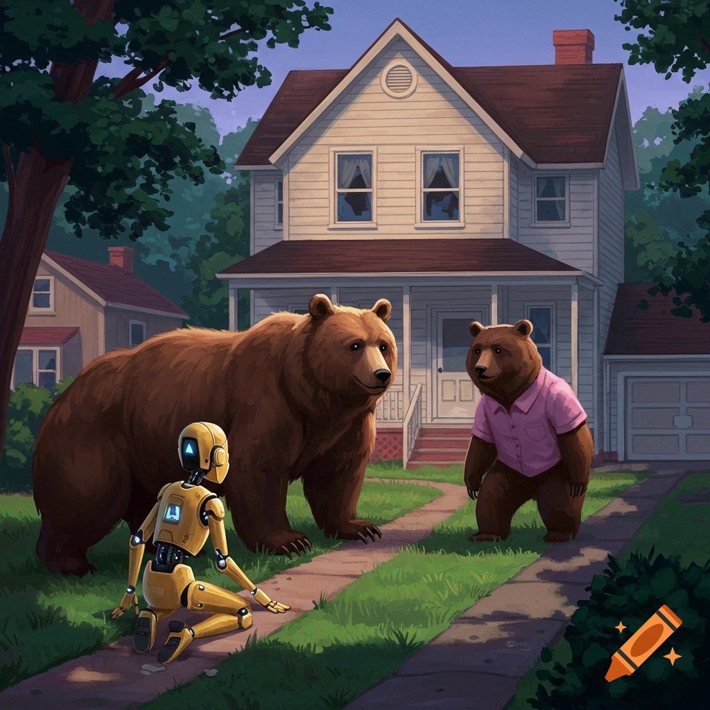 An illustration shows a large bear and a bear in a pink shirt looking at a yellow robot kneeling on a sidewalk in front of a suburban house.