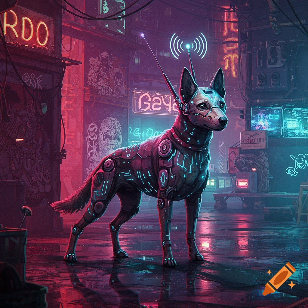 A detailed image of a cybernetic dog with antennas standing in a wet cyberpunk street lit by neon signs and graffiti.