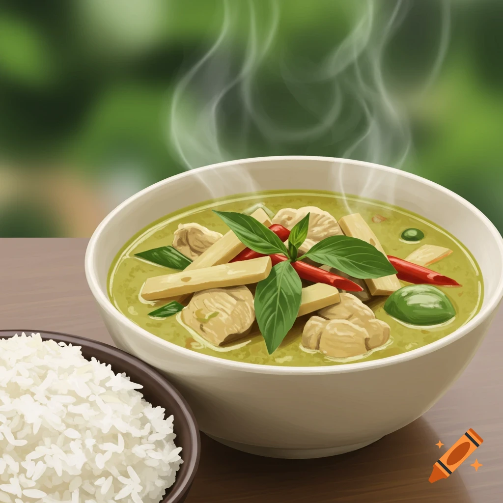 Illustration of a bowl of Thai green curry with rice