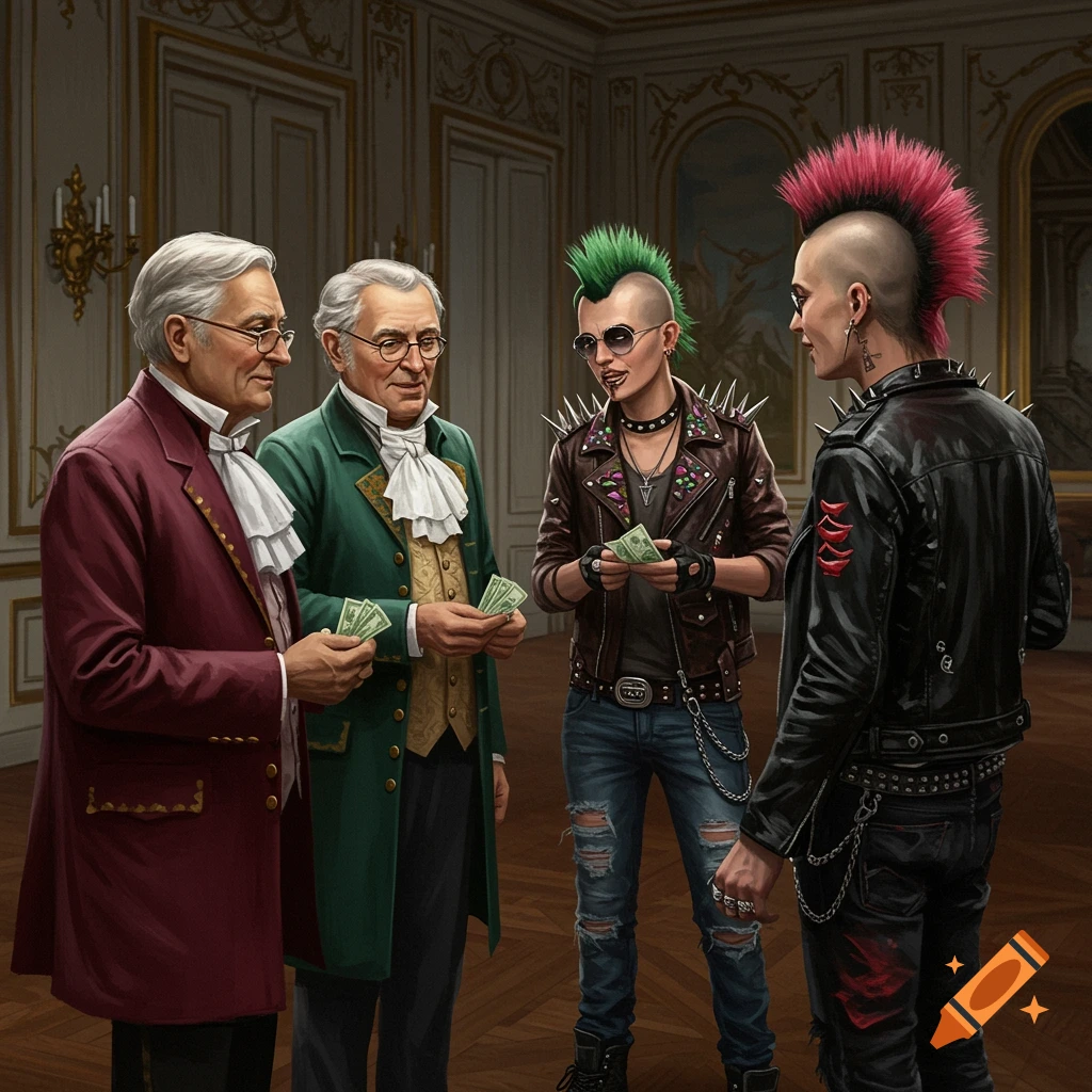 Elegant seniors and punks exchange money in a grand palace room, illustrating a contrast of styles and generations.