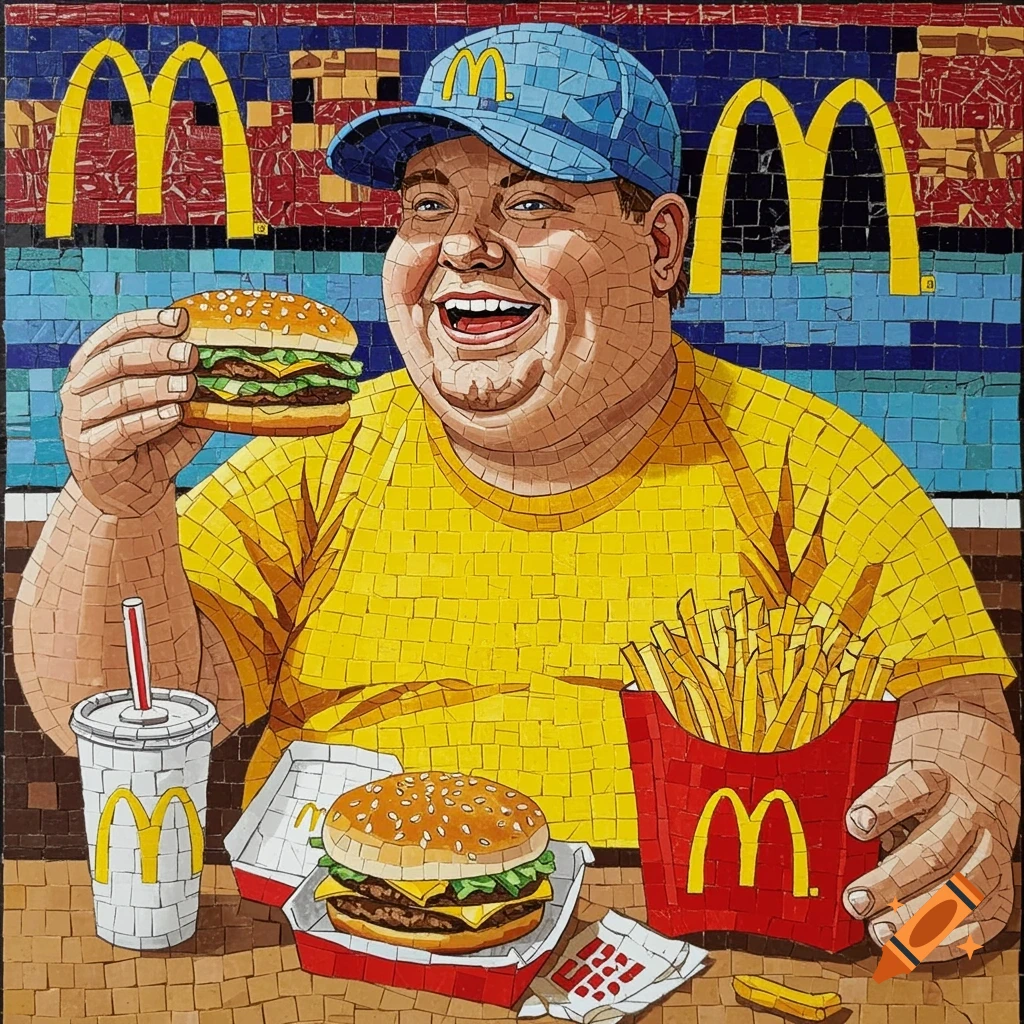 Mosaic portrait of a person eating a McDonald's burger and fries.