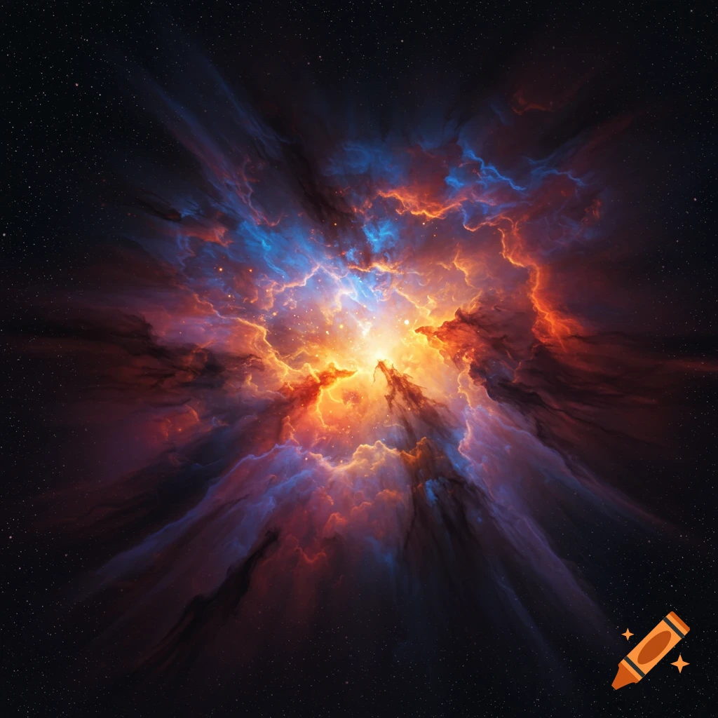 Vibrant space nebula with orange, blue, and purple gas and stars.