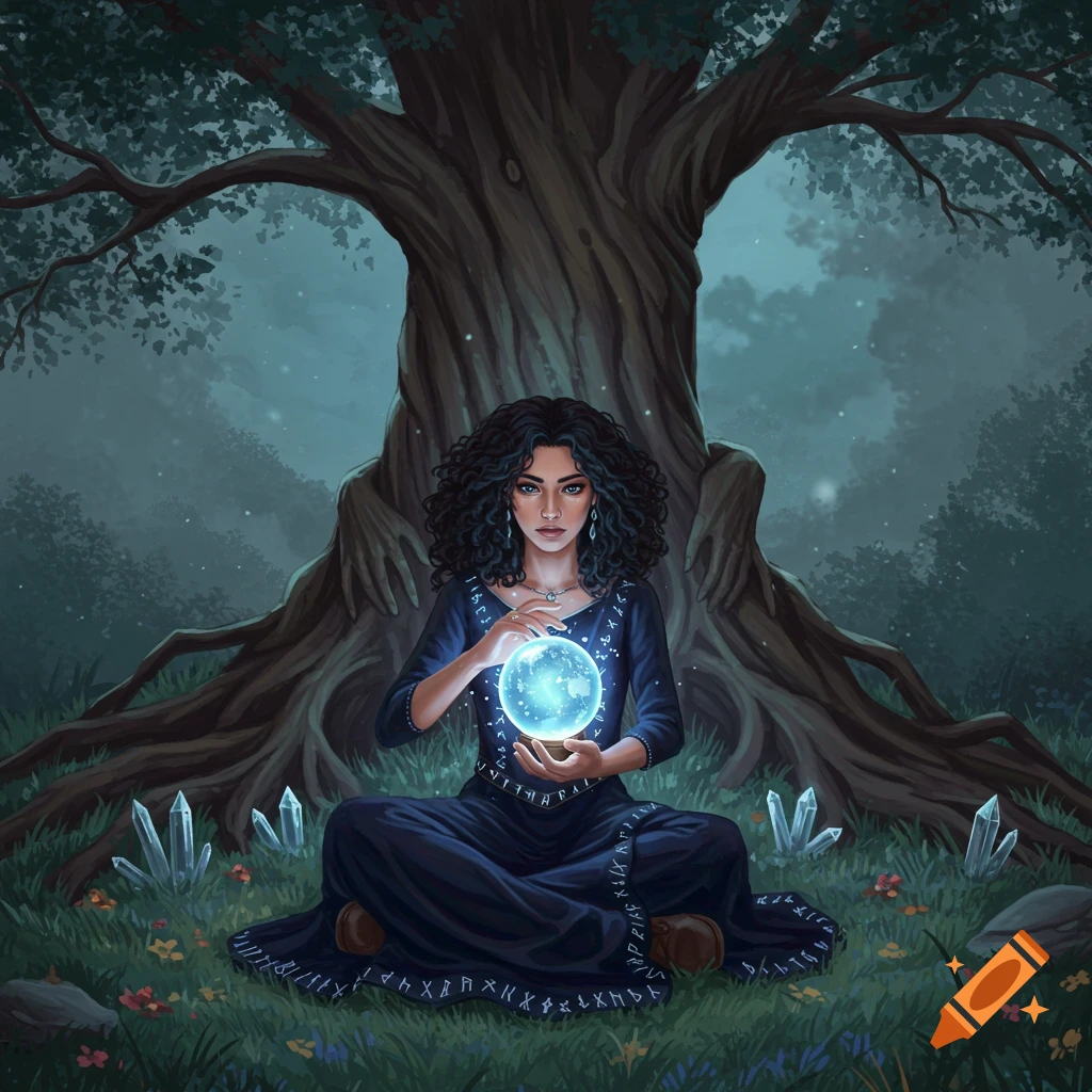 An illustration of a woman with curly hair sitting under a tree, holding a glowing orb. She wears a dark dress with symbols, and crystals are on the ground.