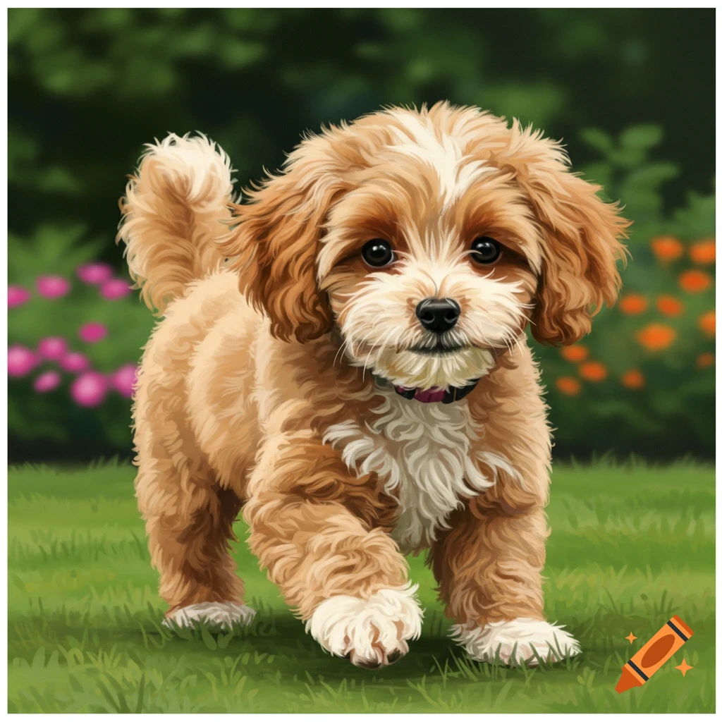 A fluffy parti apricot puppy stands on green grass with blurred flowers.