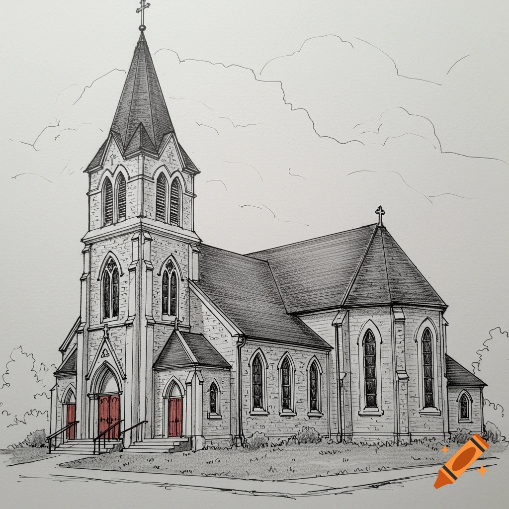 Ink sketch of a church with a tall steeple and red doors