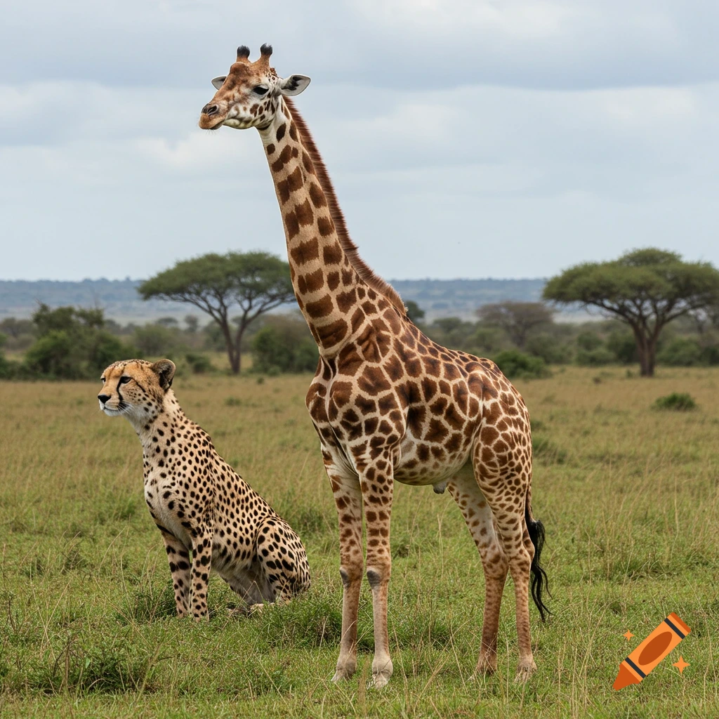 A giraffe and a cheetah stand together in a grassy field with trees in the background.