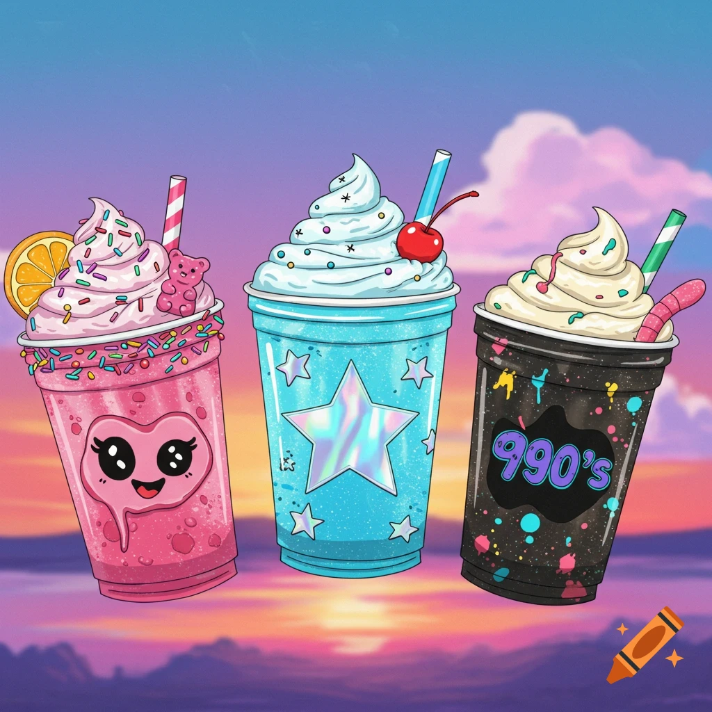 Three colorful frappe cups with toppings against a sunset sky, in a 90s pop art style.