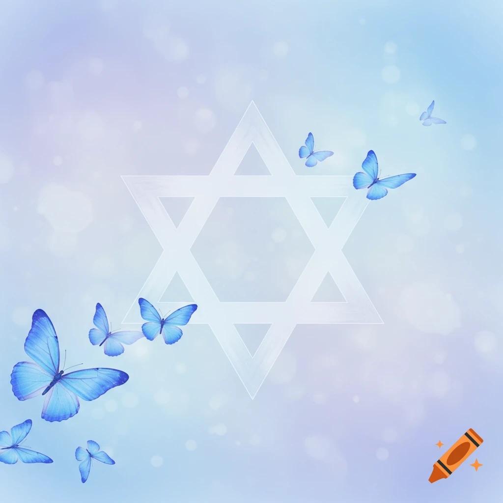Blue butterflies fly around a faint Star of David on a soft blue and purple background with bokeh.
