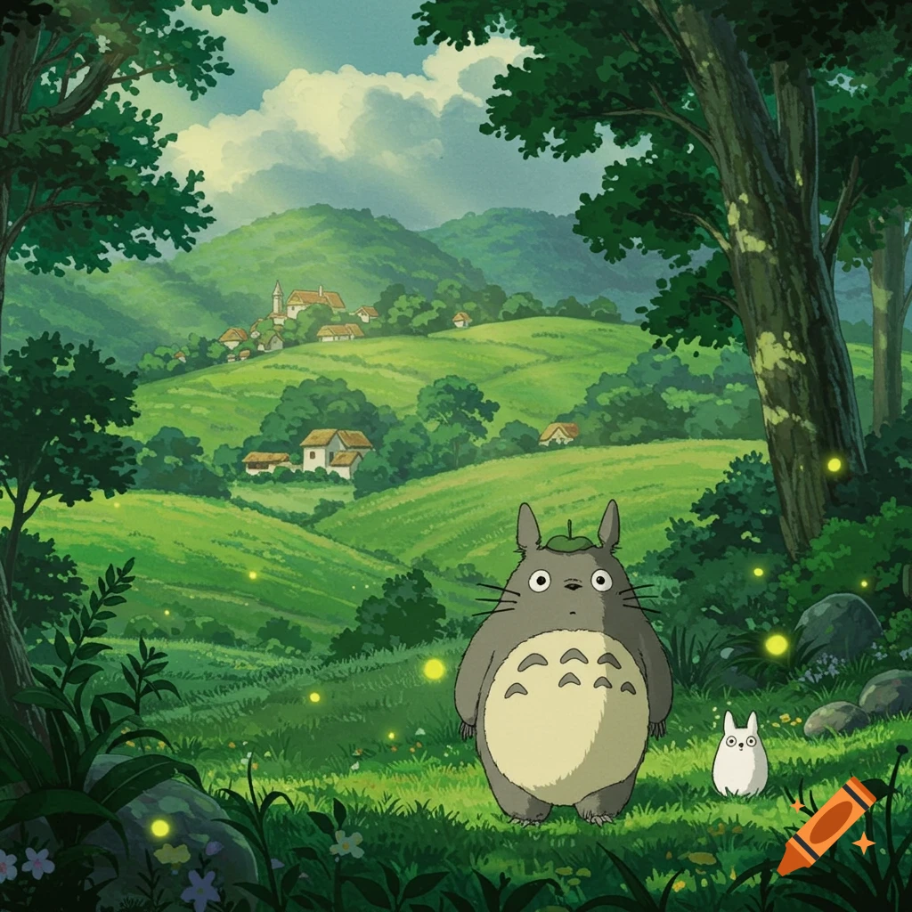 Totoro and a small white creature in a field with fireflies, overlooking a village on green hills in an anime style.