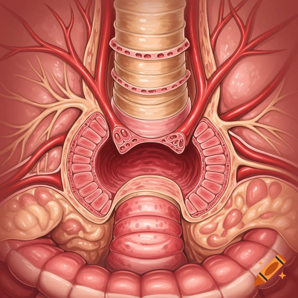 Detailed anatomical illustration of the trachea and surrounding blood vessels and tissue.