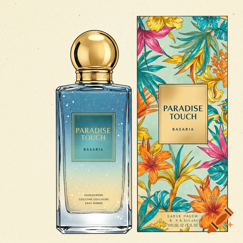 Illustration of a perfume bottle named Paradise Touch and its box with a tropical floral pattern.