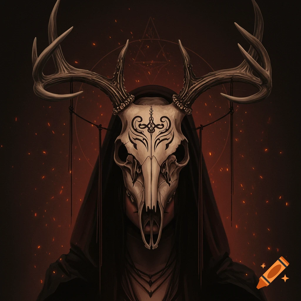 A figure in a dark hooded robe wears a deer skull mask with antlers and markings. Dark fantasy illustration with sparks.
