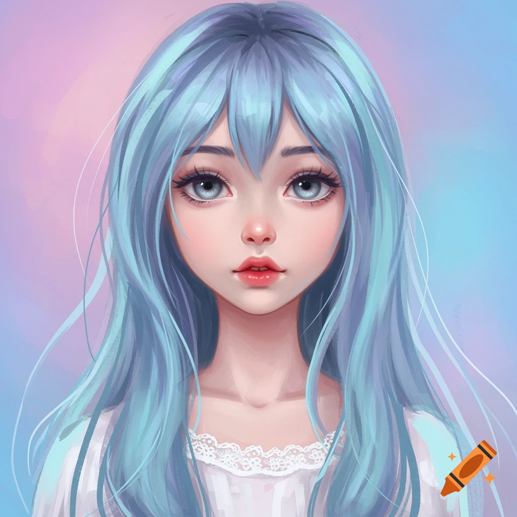 A stylized portrait drawing of a young woman with periwinkle hair and grey eyes.