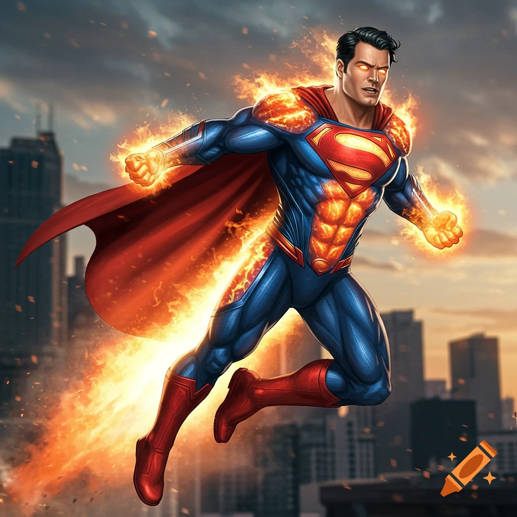 Superman flies through a city, surrounded by fiery energy.