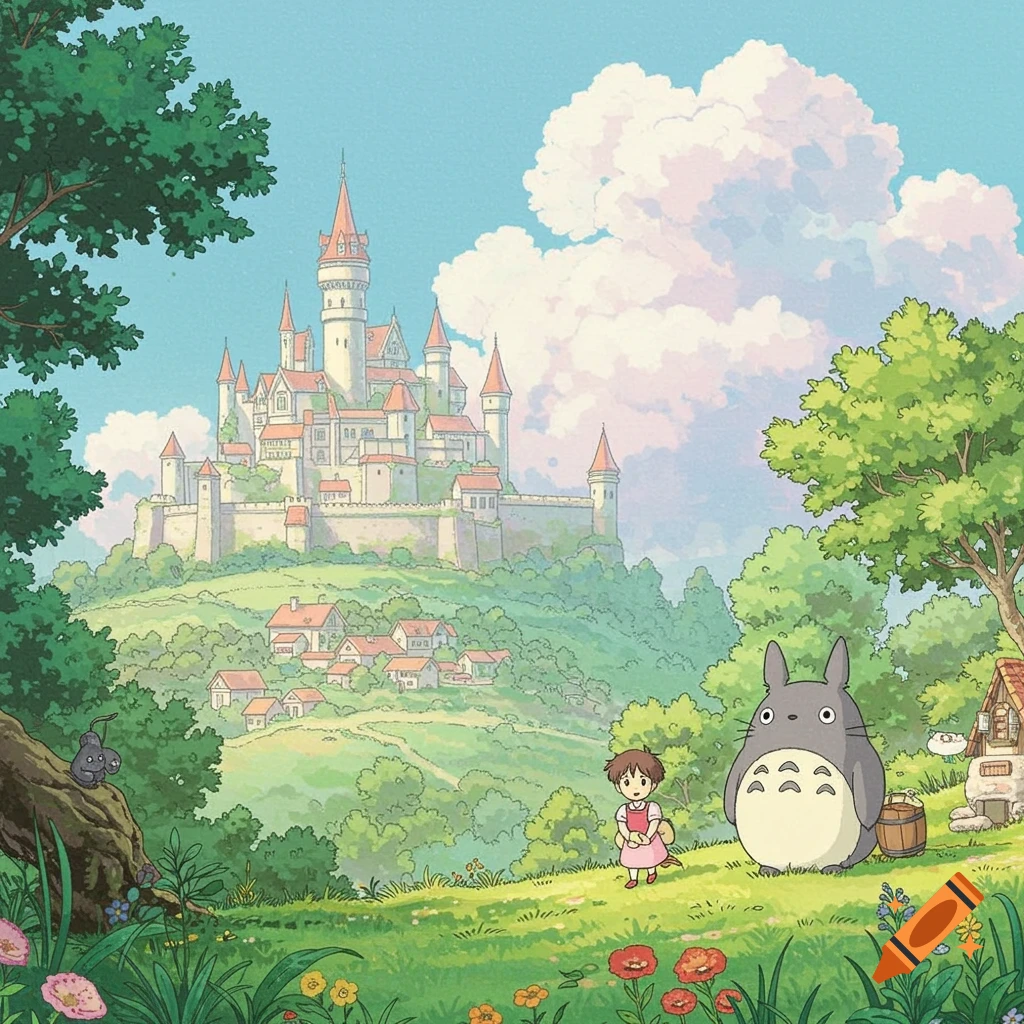 Totoro and a child stand in a grassy field with a castle on a hill in Ghibli anime style.